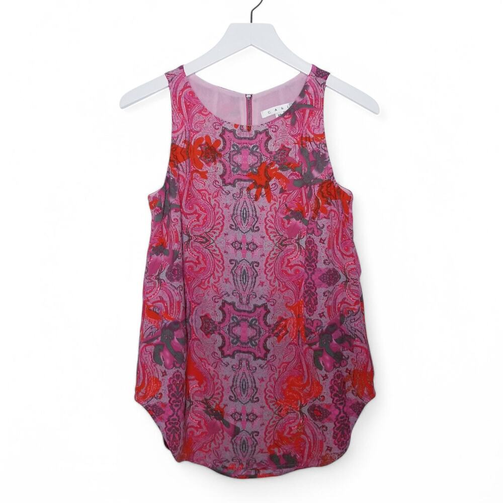 CAbi Style #127 Printed Jubilee Top Pink & Red Floral Blouse Top - Size XS